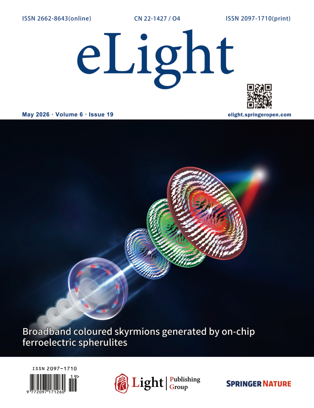 Broadband coloured skyrmions generated by on-chip ferroelectric spherulites